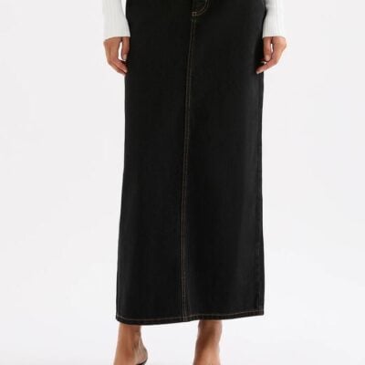 Nude Lucy NiLS Womens Inaya Denim Skirt 13oz Organic Cotton Enzyme Wash Fitted Waist Straight Leg Black Size 24