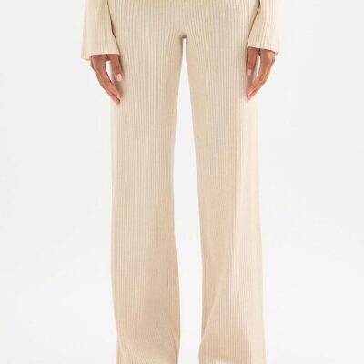 Nude Lucy Malo Knit Pant Cotton Cream Size XL Ribbed Yarn High Rise Flared Leg Elasticated Waistband