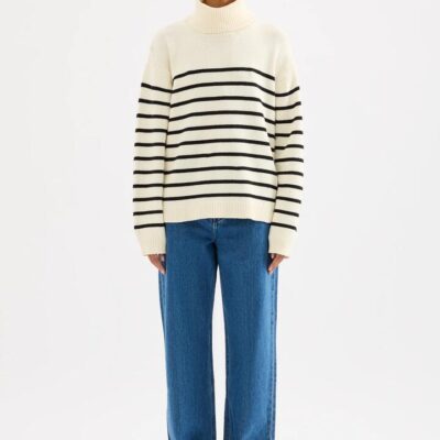 Nude Lucy Perri Turtleneck Knit Jumper Cotton Stripes Size XXS Cotton Blend Yarn Drop Shoulder Ribbed Collar Cuff Hem