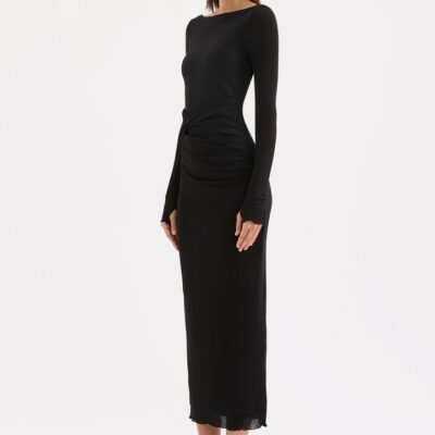 Nude Lucy Womens Dalton Mesh Maxi Dress Black XXL Stretch Jersey Boat Neckline Twist Detail Thumbholes Fully Lined