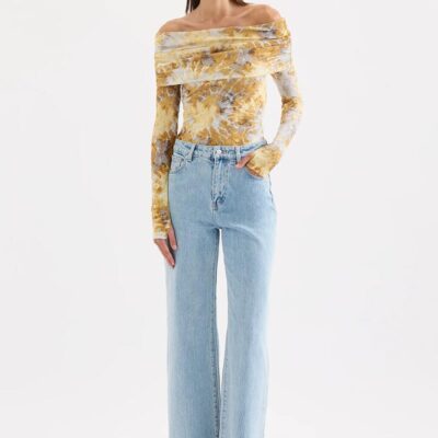 Nude Lucy Womens Lumine Mesh LS Top Print XS Stretch Jersey Exclusive Print Off Shoulder Neckline Thumbholes Slim Fit
