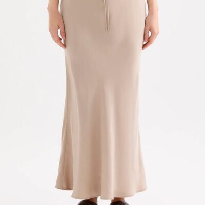 Nude Lucy Womens Nikkia Cupro Maxi Skirt Brown Bias Cut Ankle Length Elasticated Waistband Drawcord Size XXL