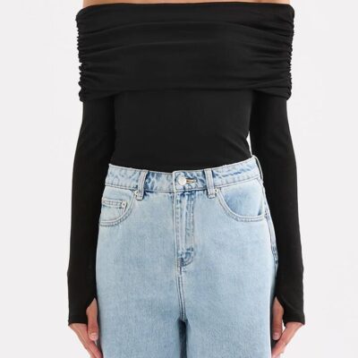 Nude Lucy Womens Dalton Mesh Top Black XL Stretch Jersey Off Shoulder Neckline Slim Fit Thumbholes