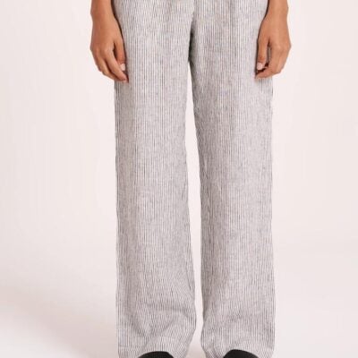 Nude Lucy Nude Lucy Womens Lounge Stripe Linen Pant Linen Stripes XL Casual Wide Leg Full Length Elastic Waistband Mock Button