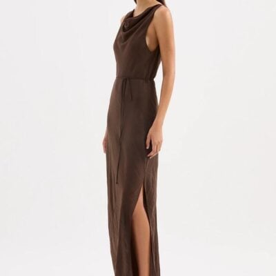 Nude Lucy Womens Serine Maxi Dress Brown L Viscose Blend Bias Cut Cowl Neckline Tie Waist Side Slit