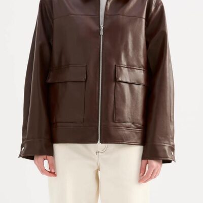 Nude Lucy Womens Yaz Faux Leather Jacket Brown Size S Relaxed Fit PU Leather Zipper Patch Pockets