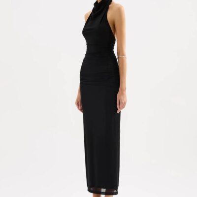 Nude Lucy NiLS Abru Halter Maxi Dress Black Premium Stretch Jersey High Cowl Neck Size M