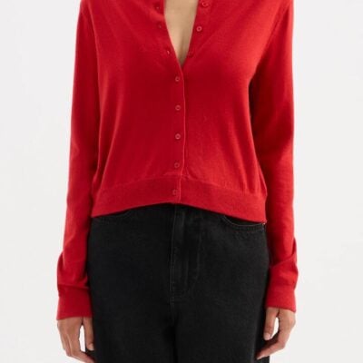 Nude Lucy Womens Elvio Merino Blend Cardigan Red Size XXS Lightweight Merino Blend Yarn Soft Knit Relaxed Silhouette Crew Neckline Soft Rib Cuffs Hem Button Front