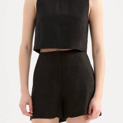 Nude Lucy Marli Linen Top Black Linen Cropped Wide Crew Neckline Back Button XXL