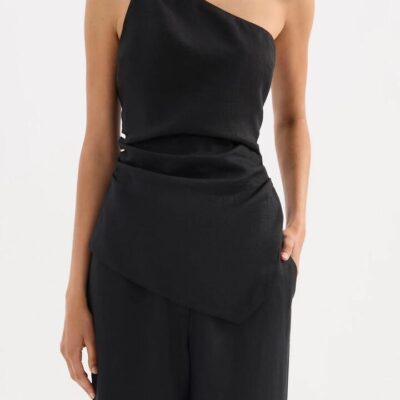 Nude Lucy Womens Lotta Linen Top Black 100% Linen One Shoulder Asymmetrical Hem Gathered Waist Size XXL