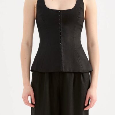 Nude Lucy Nude Lucy Womens Quinn Linen Vest Linen Black Size M 100% Linen Tailored Silhouette Scooped Square Neckline Hook And Eye Back Peplum