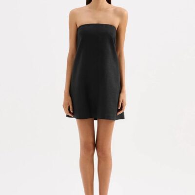 Nude Lucy Womens Elyse Linen Mini Dress Black Strapless A Line Zipper Side Seam Pockets Size M