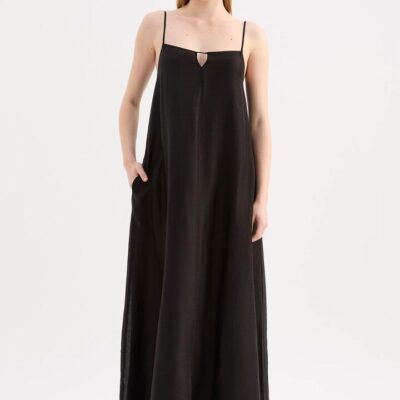 Nude Lucy Womens Axel Maxi Dress Lyocell Blend Black Maxi Length Side Seam Pockets Adjustable Straps L