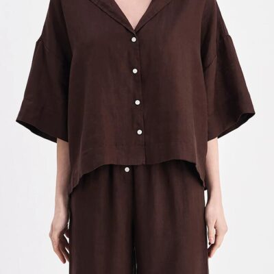 Nude Lucy Nude Lucy Womens Lounge Linen Shirt Brown Size XXS Casual Classic Button Front Wide Elbow Sleeves