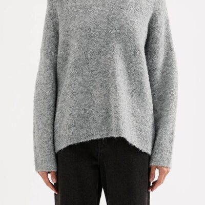 Nude Lucy Elias Knit Womens Oversized Sweater Grey Premium Fluffy Yarn Crew Neckline Ribbed Cuff L XL