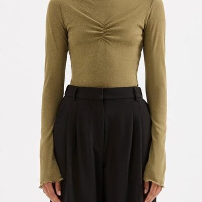 Nude Lucy Clement LS Top Stretch Jersey Long Sleeve Boat Neckline Ruching Close Fit Size XXL Green