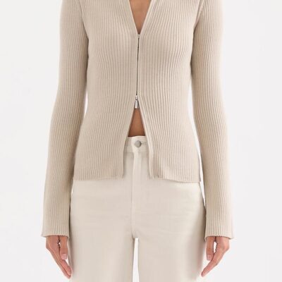 Nude Lucy Womens Betina Zip Front Knit Cardigan Cotton Blend Cream Knitted Collar Double Ended Zipper Size L