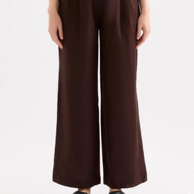 Nude Lucy Thilda Womens Linen Pant Brown Mid Rise Wide Leg Full Length Front Pleats XXL