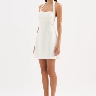 Nude Lucy Womens Reyes Linen Mini Dress White XXS 100% Linen Halterneck Bust Tuck Zip Back Fully Lined