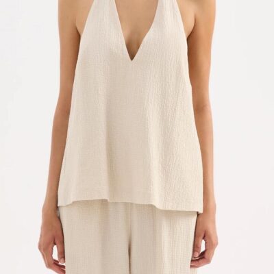 Nude Lucy Nude Lucy Womens Palma Halter Top Lightweight Textured Cream Size XXS Fully Lined Open Back Tie Closure