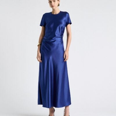 Cue Viscose Satin Draped Waist Midi Dress — Royal - Front