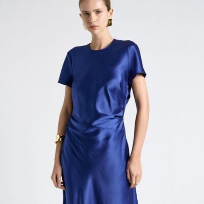 Cue Viscose Satin Draped Waist Midi Dress — Royal - Side
