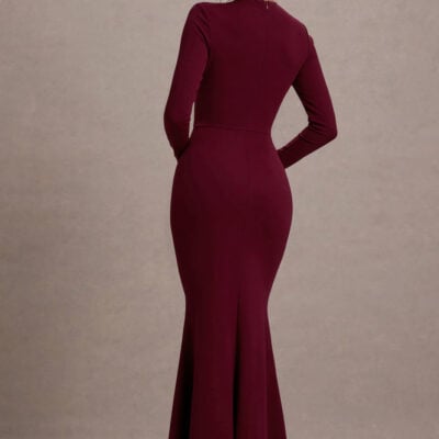 Club L London Alayna Berry Long-Sleeve Maxi Dress With Ruffled Split