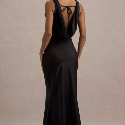 Club L London Alesso Black Satin Cowl-Neck Slip-Maxi Dress