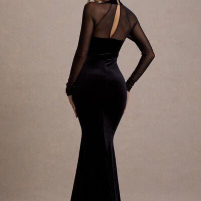 Club L London Apres Black Velvet Bodycon Split Maxi Dress With Sheer Sleeves