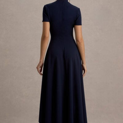 Club L London Bellona Navy High-Neck High-Low Midi Dress