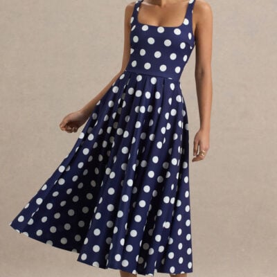 Club L London Berta Navy And White Polka-Dot Square-Neck Midi Dress