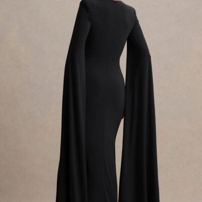 Club L London Claretta Black Square Neck Twisted Maxi Dress With Cape Sleeves