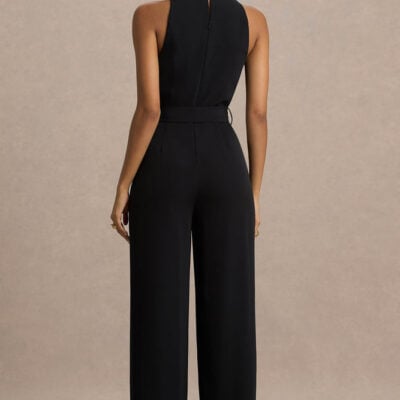 Club L London Corina Black Cowl-Neck Jumpsuit With Tie-Detail