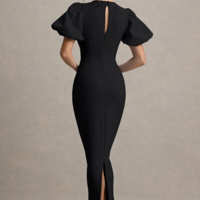 Club L London Dakota Black Puff-Sleeve Midi Dress