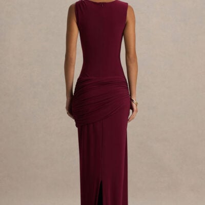 Club L London Decadence Burgundy High-Neck Wrapped Maxi Dress With Twist-Sleeve