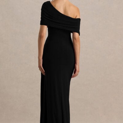 Club L London Dynasty Black Asymmetric-Neck Maxi Dress With Ruched Detailing And Front High-Split