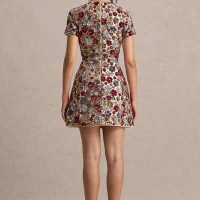 Club L London Eira Red Floral Embellished Sequin Crew-Neck Mini Dress