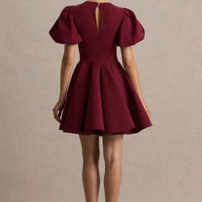 Club L London Emelia Burgundy Puff-Sleeve Skater Mini Dress