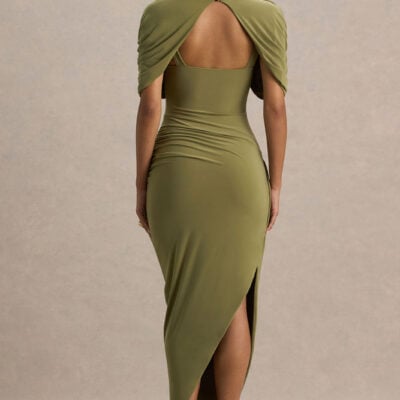Club L London Enchant Olive Asymmetric Twisted Cape Midi Dress