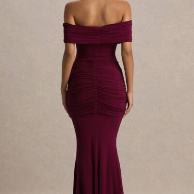 Club L London Envisioned Burgundy Bardot-Neck Maxi Dress With Gathered And Drape Detail