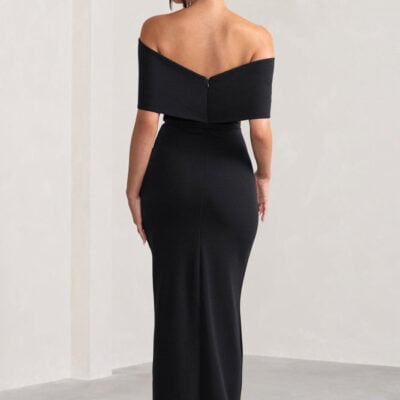 Club L London Eva Black Bardot Bow Detail Maxi Dress With Thigh Split