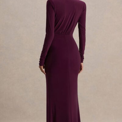Club L London Flashy Burgundy Plunge-Neck Maxi Dress With Ruched Detailing