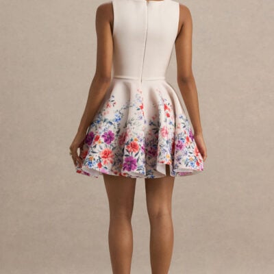Club L London Gemstone Light Pink Floral Print Square-Neck Skater Mini Dress