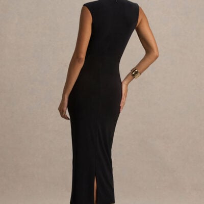 Club L London Harlow Black Crew-Neck Wrapped Midi Dress