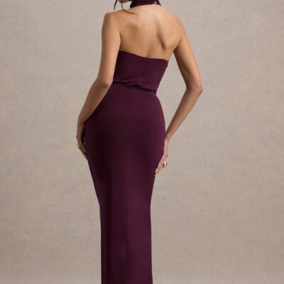 Club L London Hayden Burgundy High-Neck Draped Split Maxi Dress