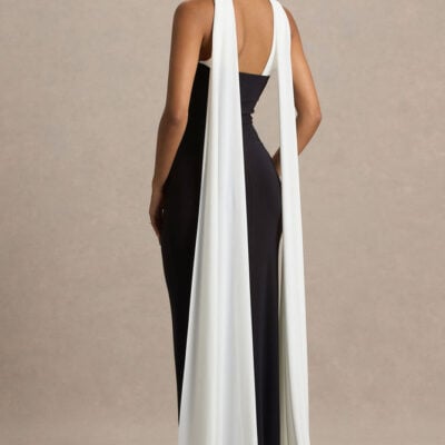 Club L London Kelilah Black And White Bandeau Maxi Dress With Scarf Detail
