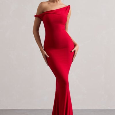 Club L London Lita Red Twisted Asymmetric Maxi Dress