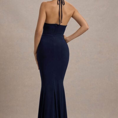 Club L London Lucena Navy Cowl-Neck Wrap Maxi Dress With Floral Drape