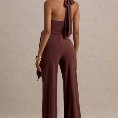 Club L London Marlais Chocolate Plunge-Neck Jumpsuit With Tie-Waist
