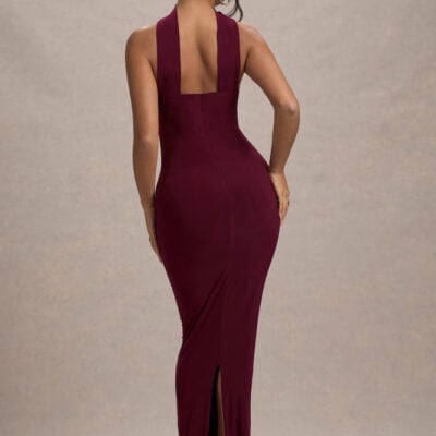 Club L London Nobu Burgundy Bandeau Maxi Dress With Halter-Collar